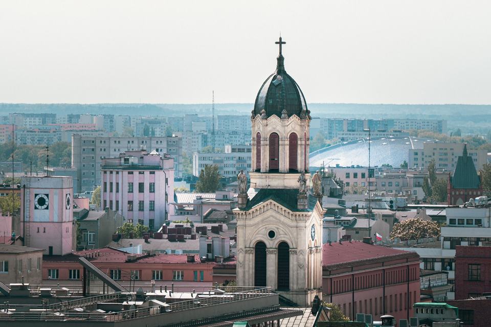 City panorama of Lodz (Łódź) with historical tower