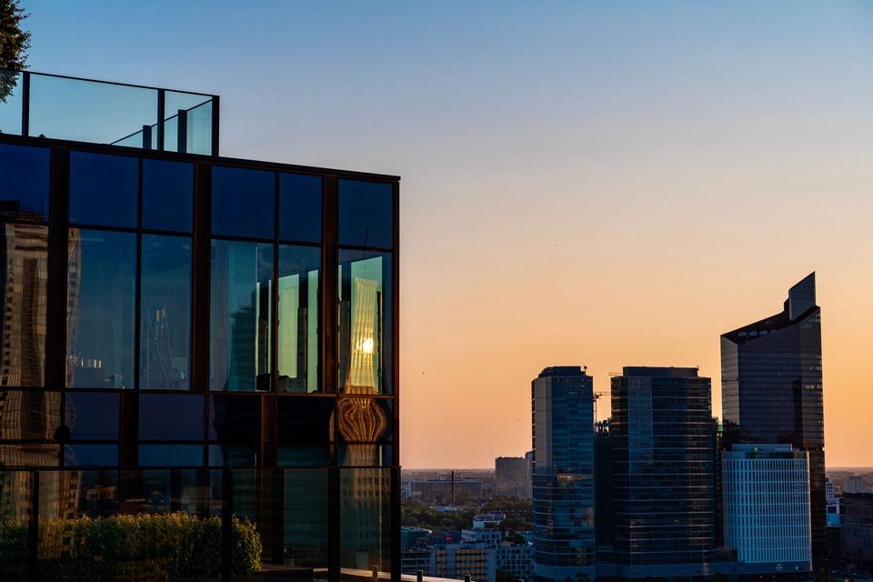 Cityscape of Warsaw (Warszawa) in the rays of sunset