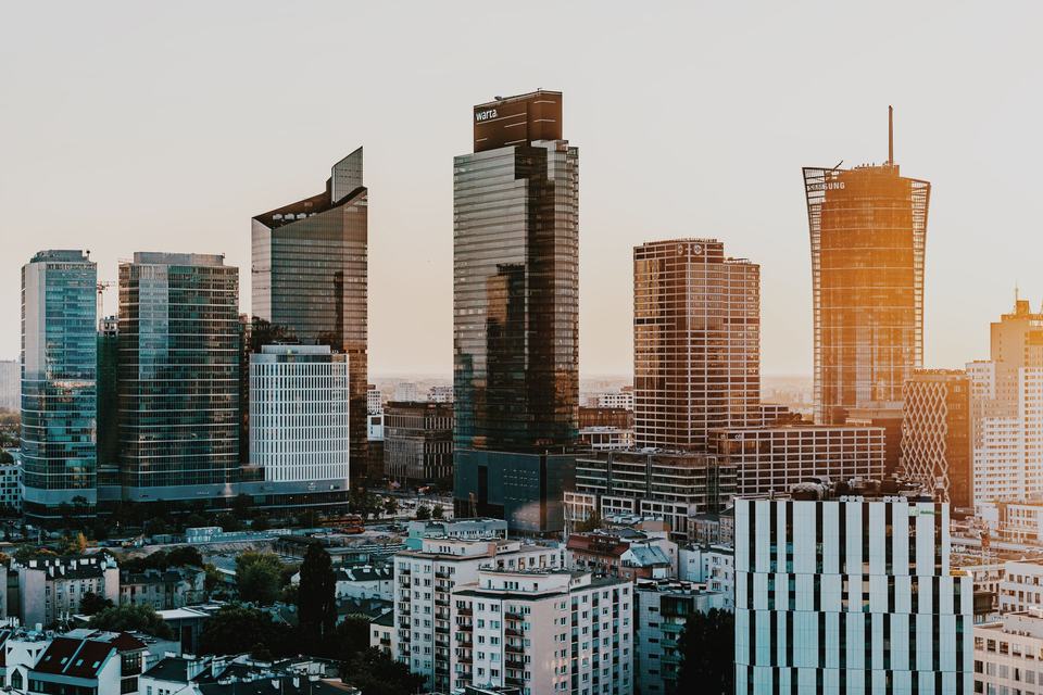 Modern high-rise buildings of Warsaw (Warszawa) at sunset