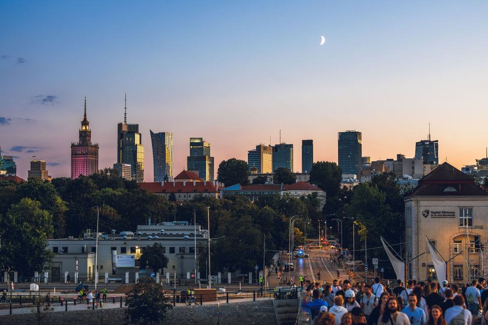 View of Warsaw (Warszawa) from the bridge at sunset