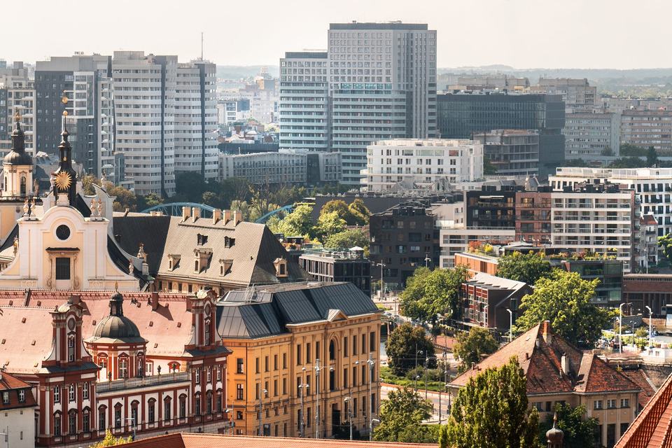 View of historical buildings and modern quarters of Wroclaw (Wrocław)